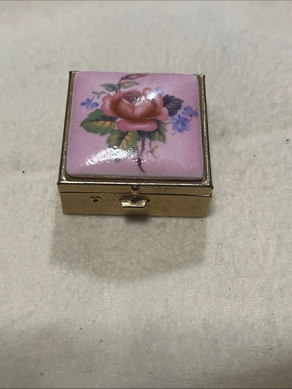 Antique Pink Floral Porcelain Vanity Trinket Box with Gold Base